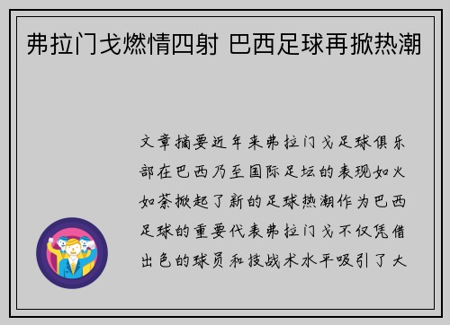弗拉门戈燃情四射 巴西足球再掀热潮