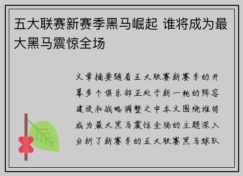 五大联赛新赛季黑马崛起 谁将成为最大黑马震惊全场